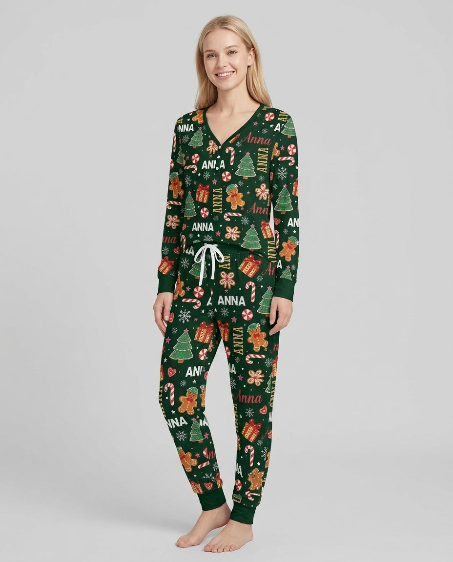 Custom Name Christmas Crew Family Matching Bamboo Women Pajama Set
