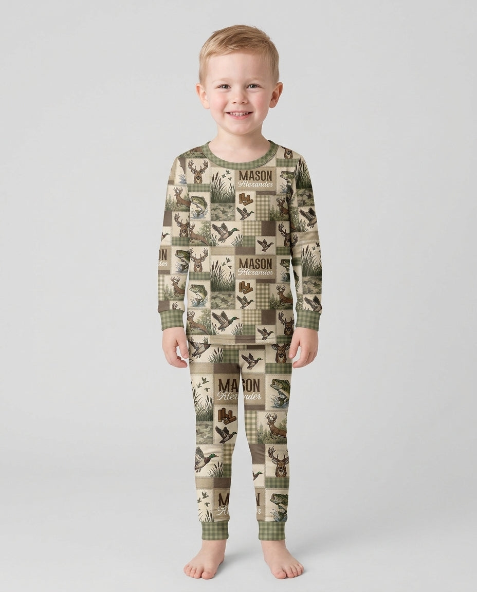 Personalized Hunting Patchwork Bamboo Two Piece Long Sleeve Pajama Set