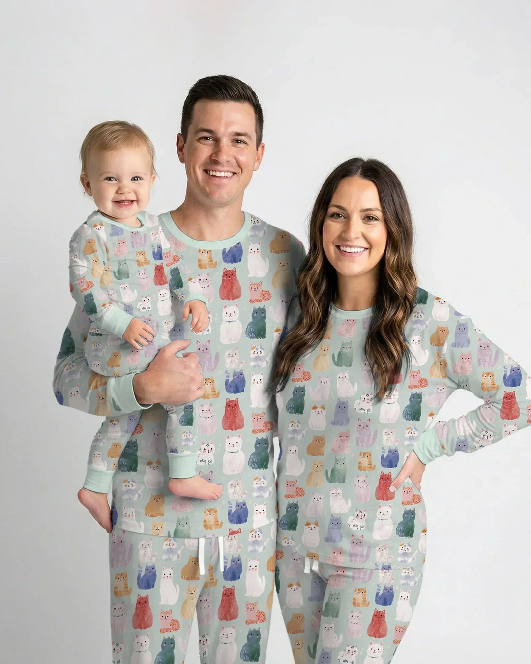 Enchanted Happy Kitty Family Matching Bamboo Two Piece Long Sleeve Pajama Set