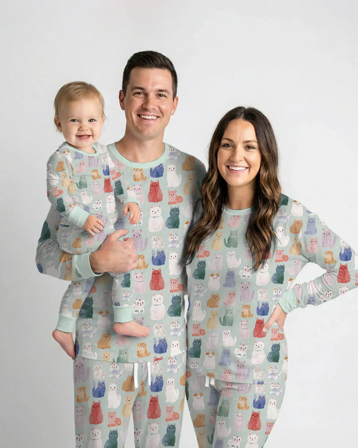 Enchanted Happy Kitty Family Matching Bamboo Two Piece Long Sleeve Pajama Set