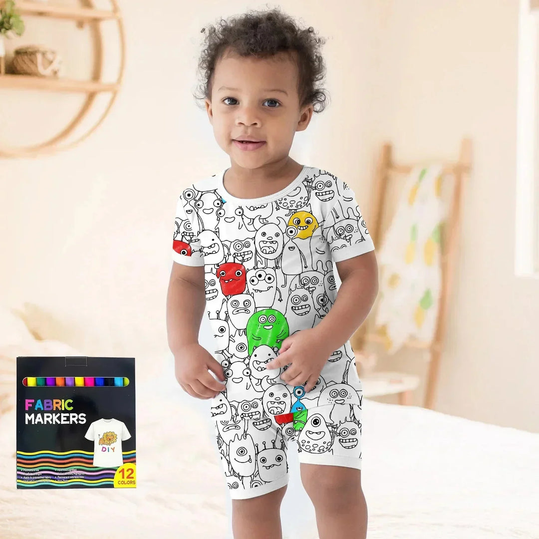 Monster Fun Colorable Halloween Two Piece Short Sleeve Shorts Pajama Set , Monster Fun Colorable Halloween Two Piece Short Sleeve Shorts Pajama Set - 3T