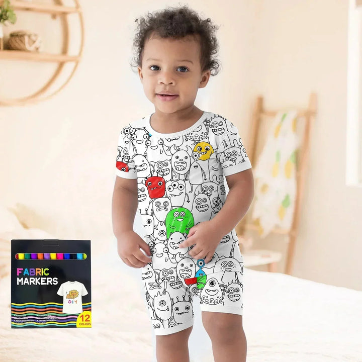 Monster Fun Colorable Halloween Two Piece Short Sleeve Shorts Pajama Set , Monster Fun Colorable Halloween Two Piece Short Sleeve Shorts Pajama Set - 3T