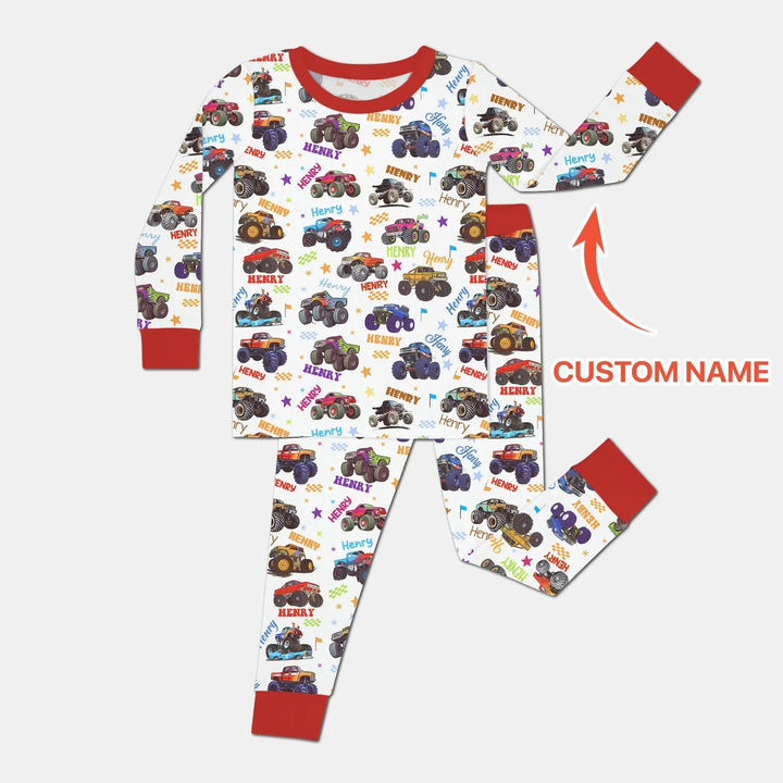 Monster Truck Custom Name Two Piece Long Sleeve Pajama Set , Monster Truck Custom Name Two Piece Long Sleeve Pajama Set - 12-18M