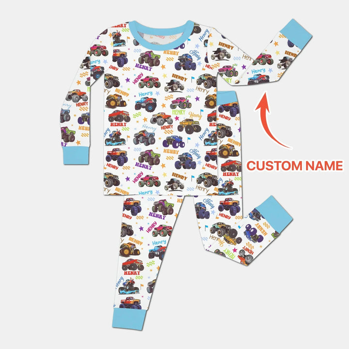 Monster Truck Custom Name Two Piece Long Sleeve Pajama Set , Monster Truck Custom Name Two Piece Long Sleeve Pajama Set - 12-18M