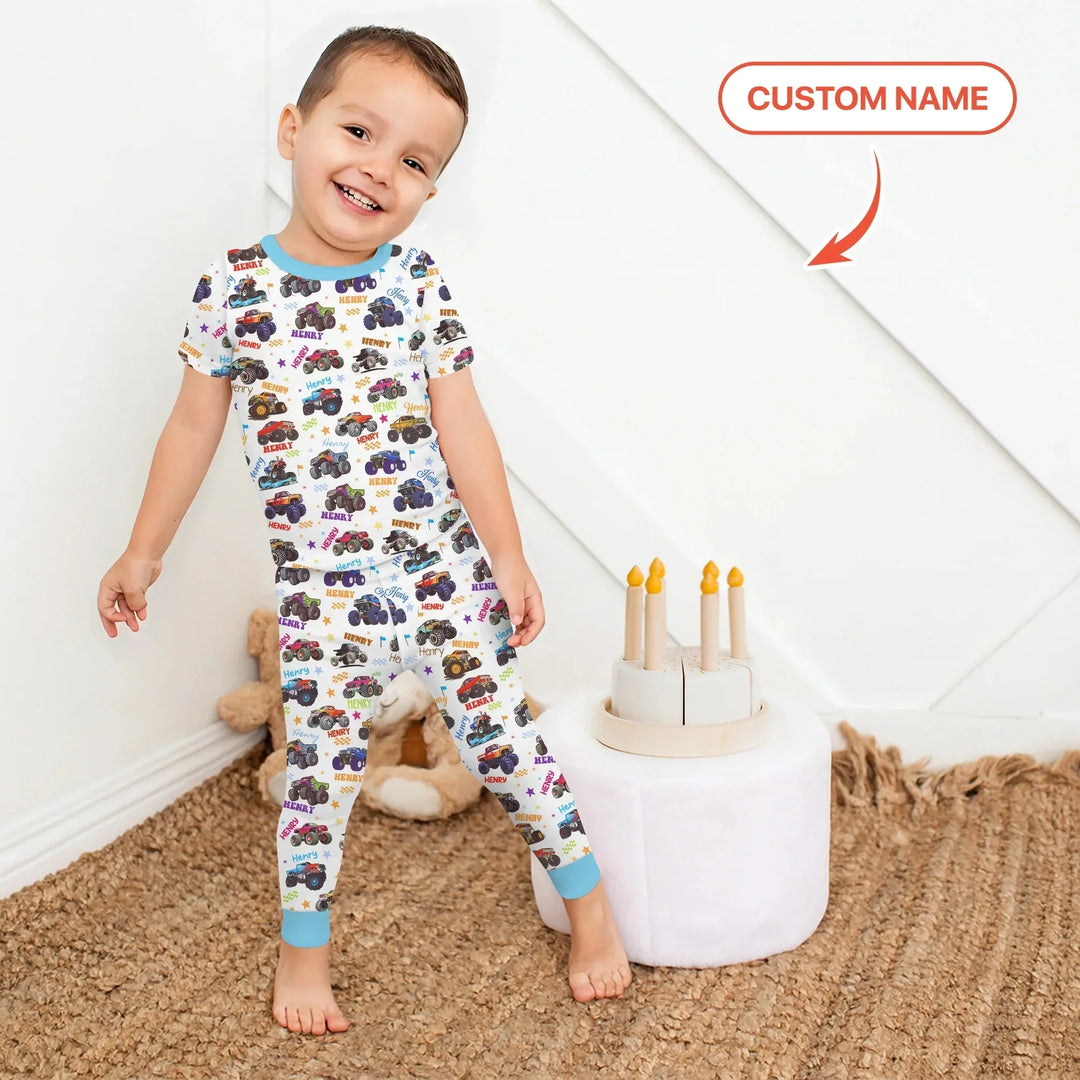 Monster Truck Custom Name Two Piece Short Sleeve Pajama Set , Monster Truck Custom Name Two Piece Short Sleeve Pajama Set - 12-18M