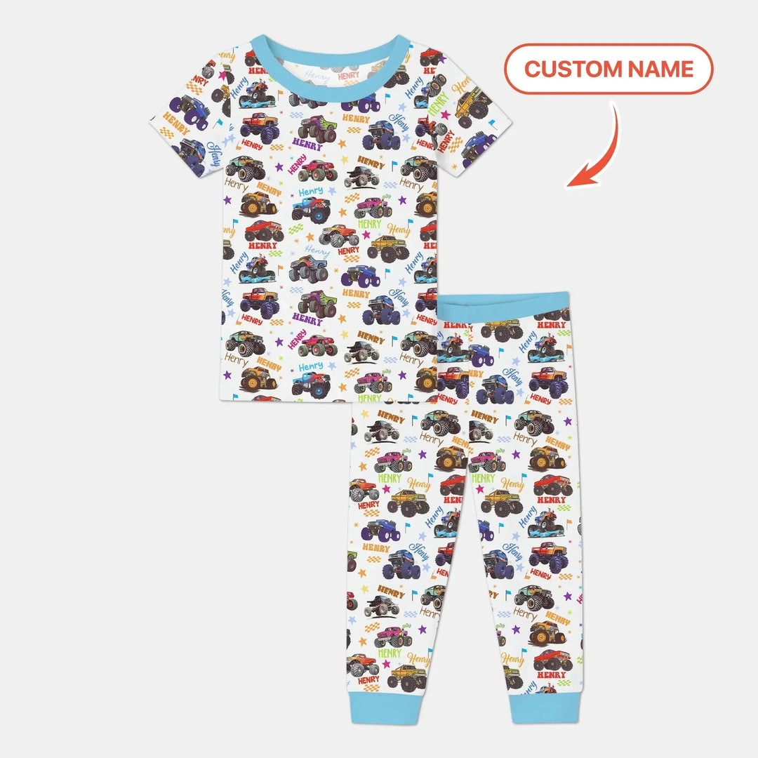 Monster Truck Custom Name Two Piece Short Sleeve Pajama Set , Monster Truck Custom Name Two Piece Short Sleeve Pajama Set - 12-18M