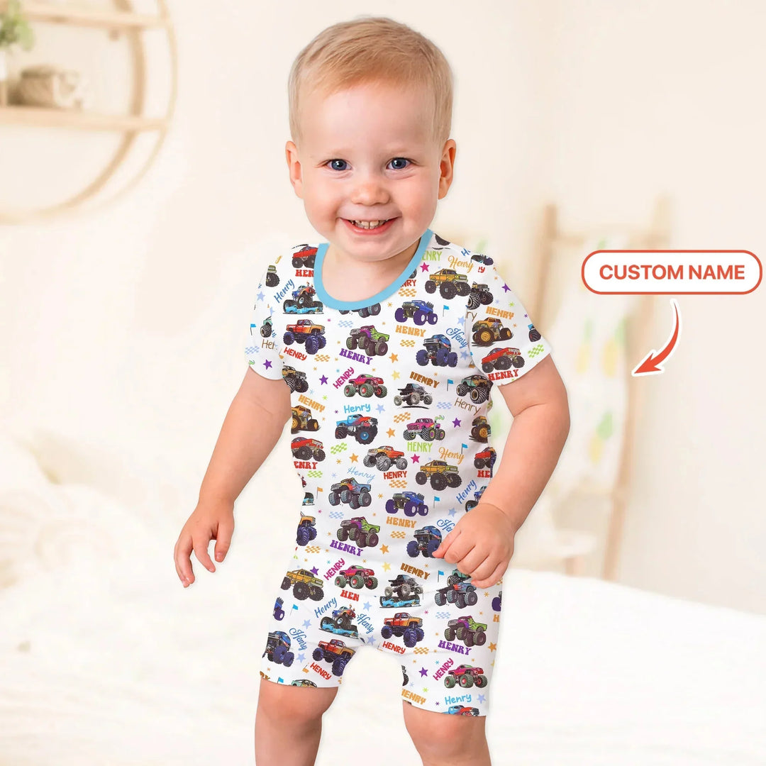 Monster Truck Custom Name Two Piece Short Sleeve Shorts Pajama Set , Monster Truck Custom Name Two Piece Short Sleeve Shorts Pajama Set - 12-18M