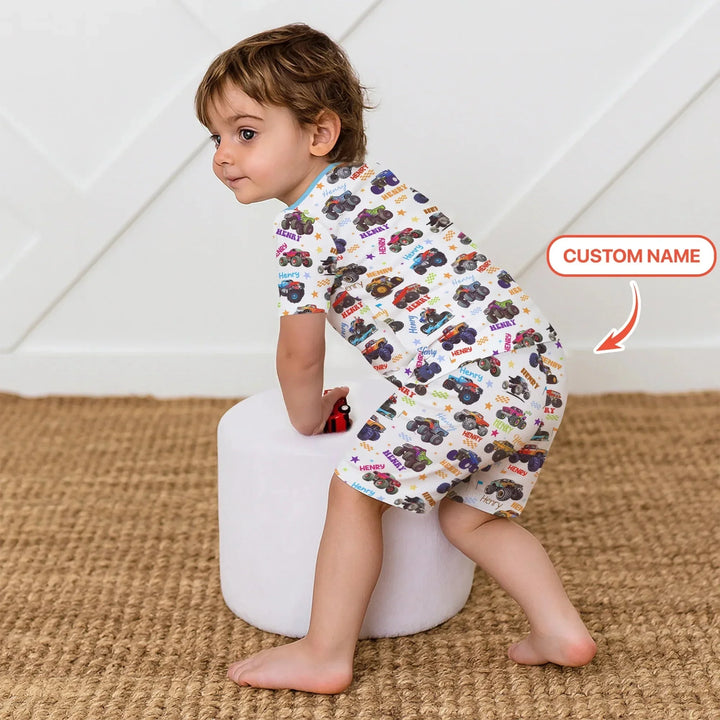 Monster Truck Custom Name Two Piece Short Sleeve Shorts Pajama Set , Monster Truck Custom Name Two Piece Short Sleeve Shorts Pajama Set - 12-18M