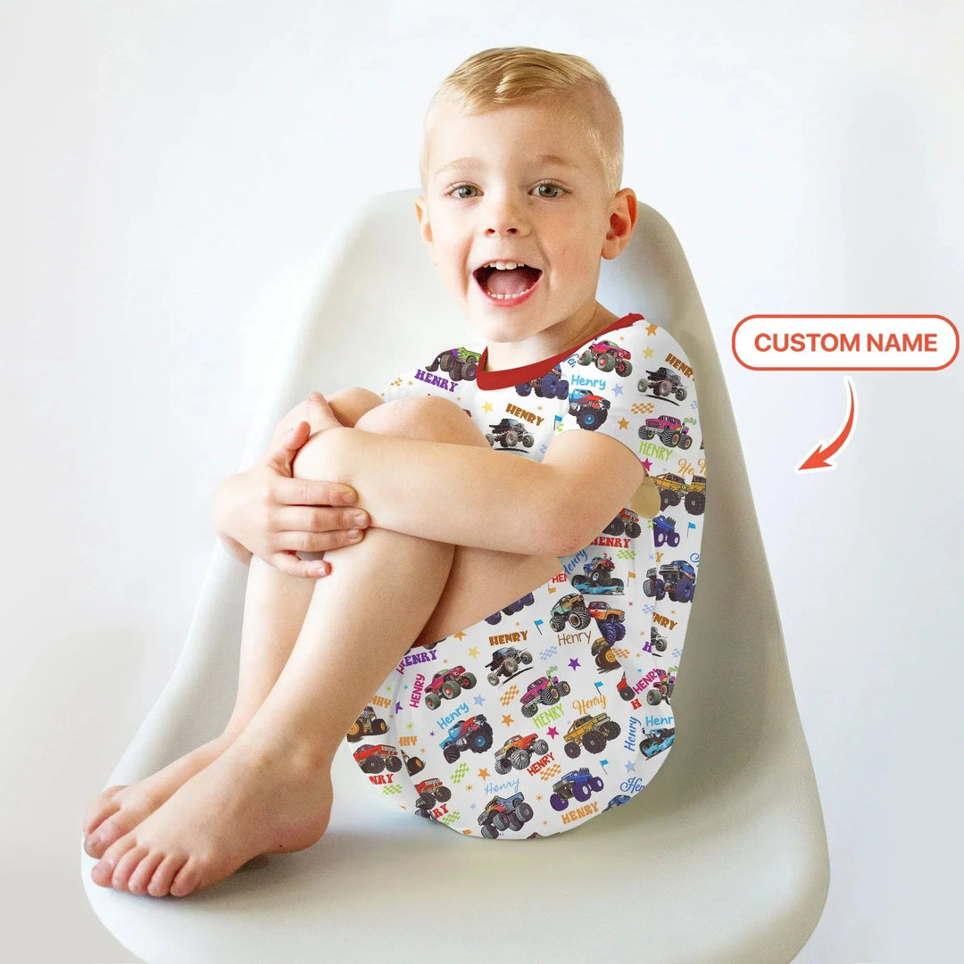 Monster Truck Custom Name Two Piece Short Sleeve Shorts Pajama Set , Monster Truck Custom Name Two Piece Short Sleeve Shorts Pajama Set - 12-18M