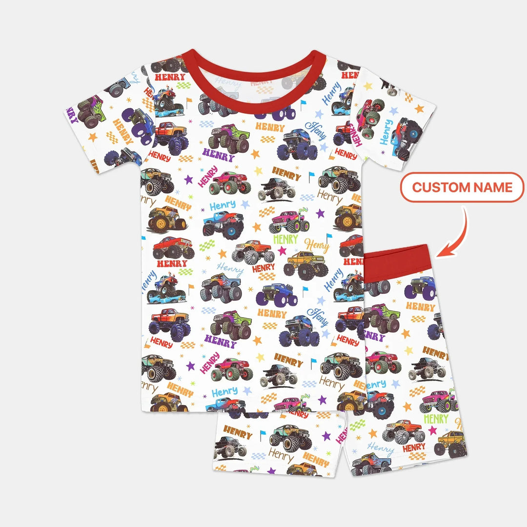 Monster Truck Custom Name Two Piece Short Sleeve Shorts Pajama Set , Monster Truck Custom Name Two Piece Short Sleeve Shorts Pajama Set - 12-18M