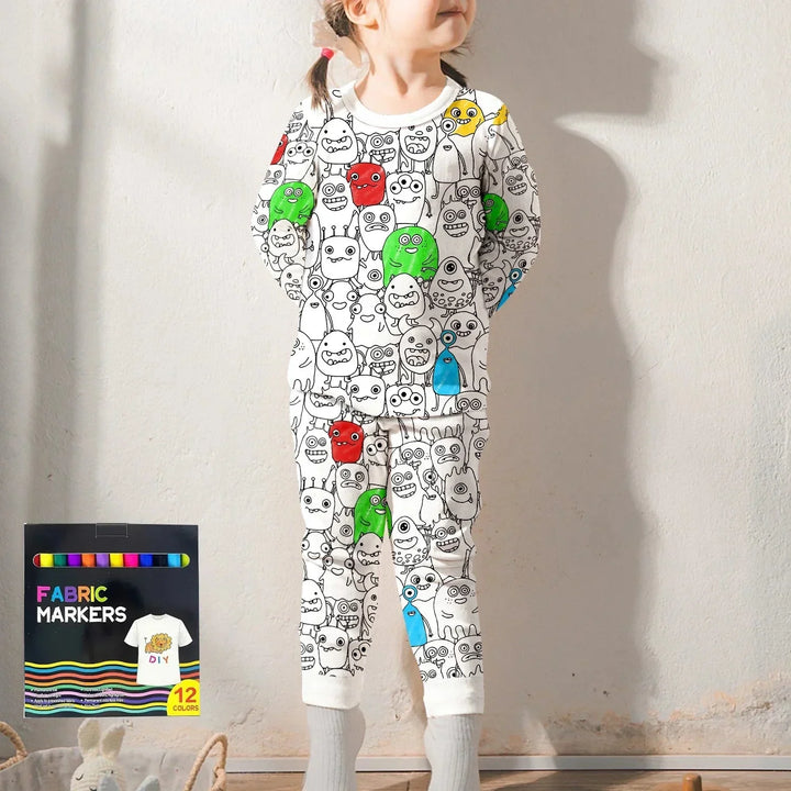 Monstrously Fun Colorable Halloween Two Piece Long Sleeve Pajama Set , Monstrously Fun Colorable Halloween Two Piece Long Sleeve Pajama Set - 3T