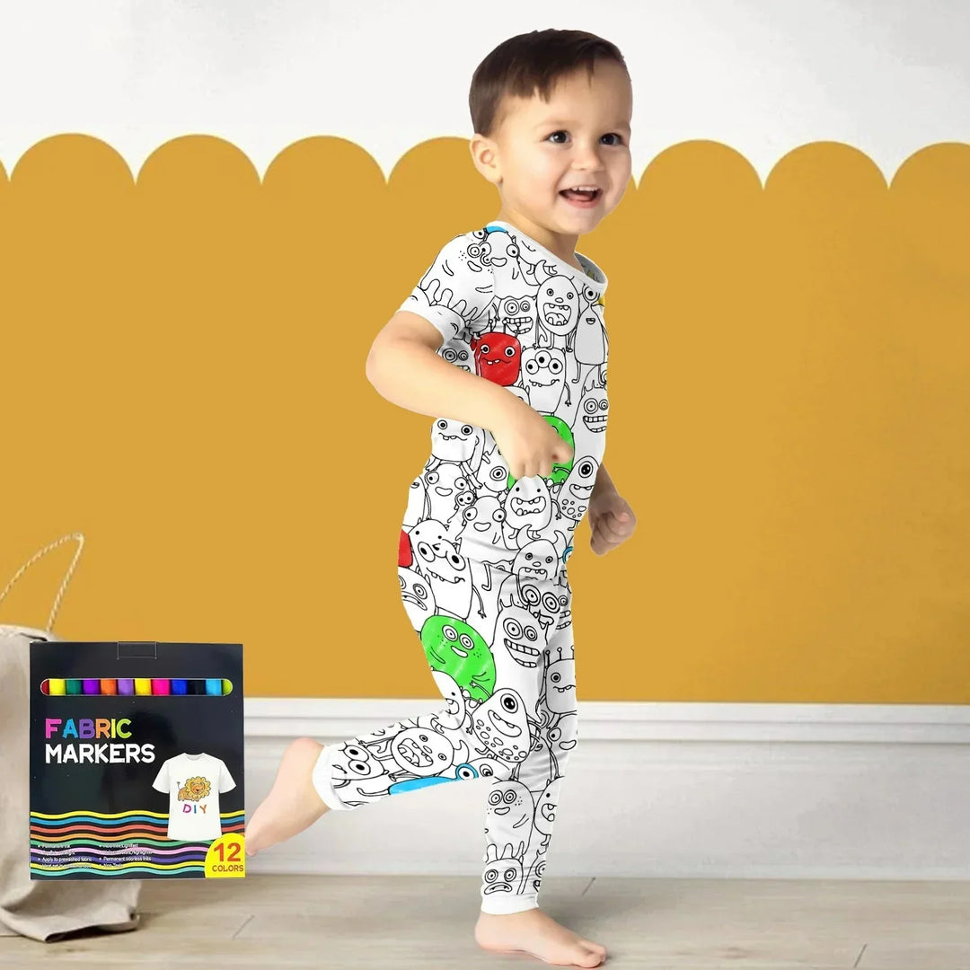 Monstrously Fun Colorable Halloween Two Piece Short Sleeve Pajama Set , Monstrously Fun Colorable Halloween Two Piece Short Sleeve Pajama Set - 3T