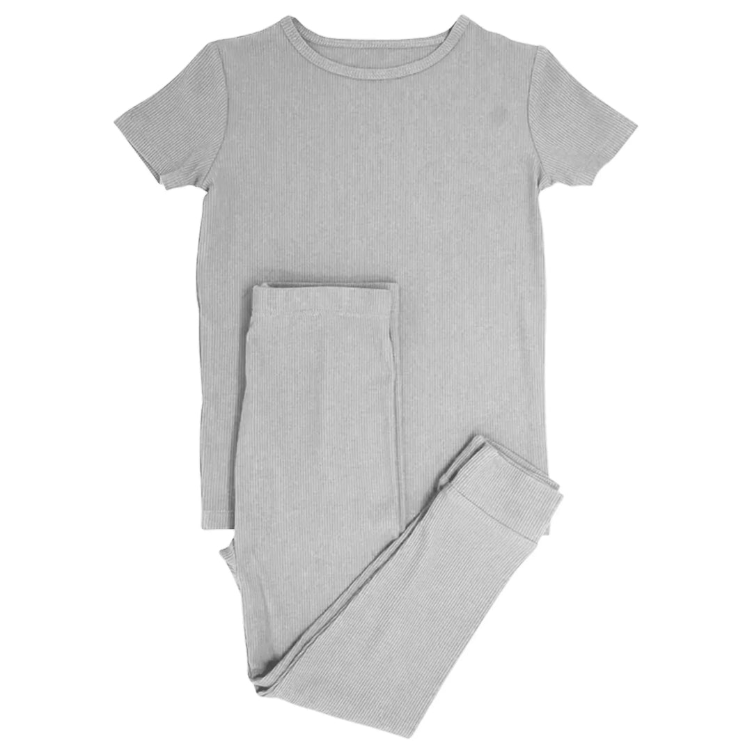 Moon Grey Ribbed Two Piece Short Sleeve Pajama Set , Moon Grey Ribbed Two Piece Short Sleeve Pajama Set - 12-18M