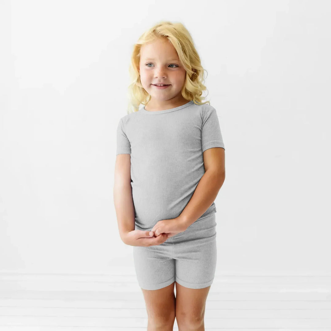 Moon Grey Ribbed Two Piece Short Sleeve Shorts Pajama Set , Moon Grey Ribbed Two Piece Short Sleeve Shorts Pajama Set - 12-18M