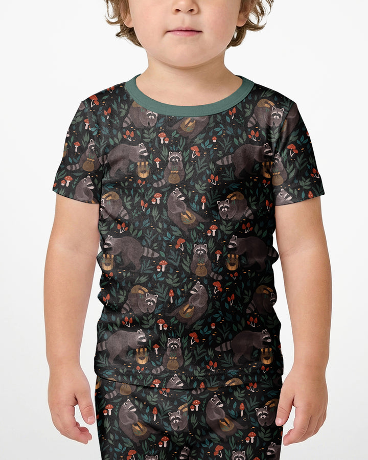 Raccoon And Whimsical Mushroom Bamboo Two Piece Short Sleeve Shorts Pajama Set