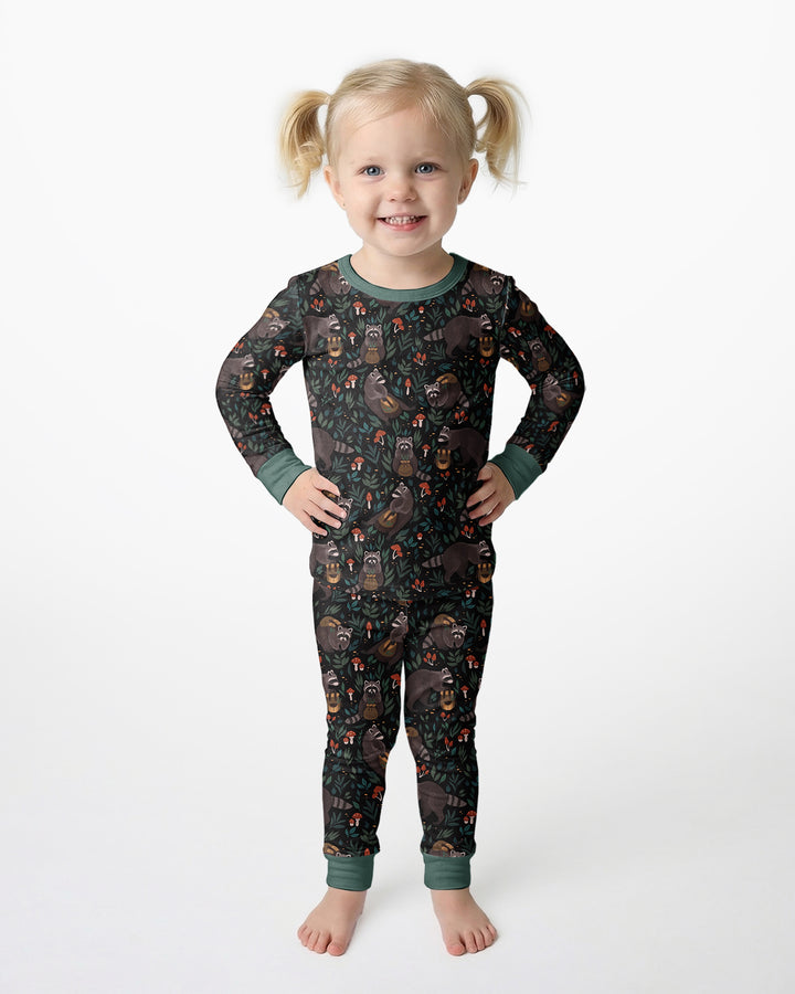 Raccoon And Whimsical Mushroom Bamboo Two Piece Long Sleeve Pajama Set