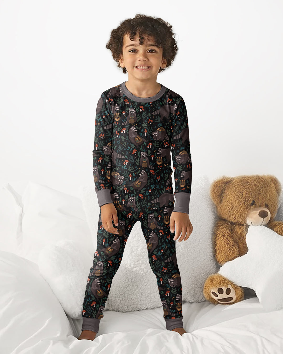 Raccoon And Whimsical Mushroom Bamboo Two Piece Long Sleeve Pajama Set