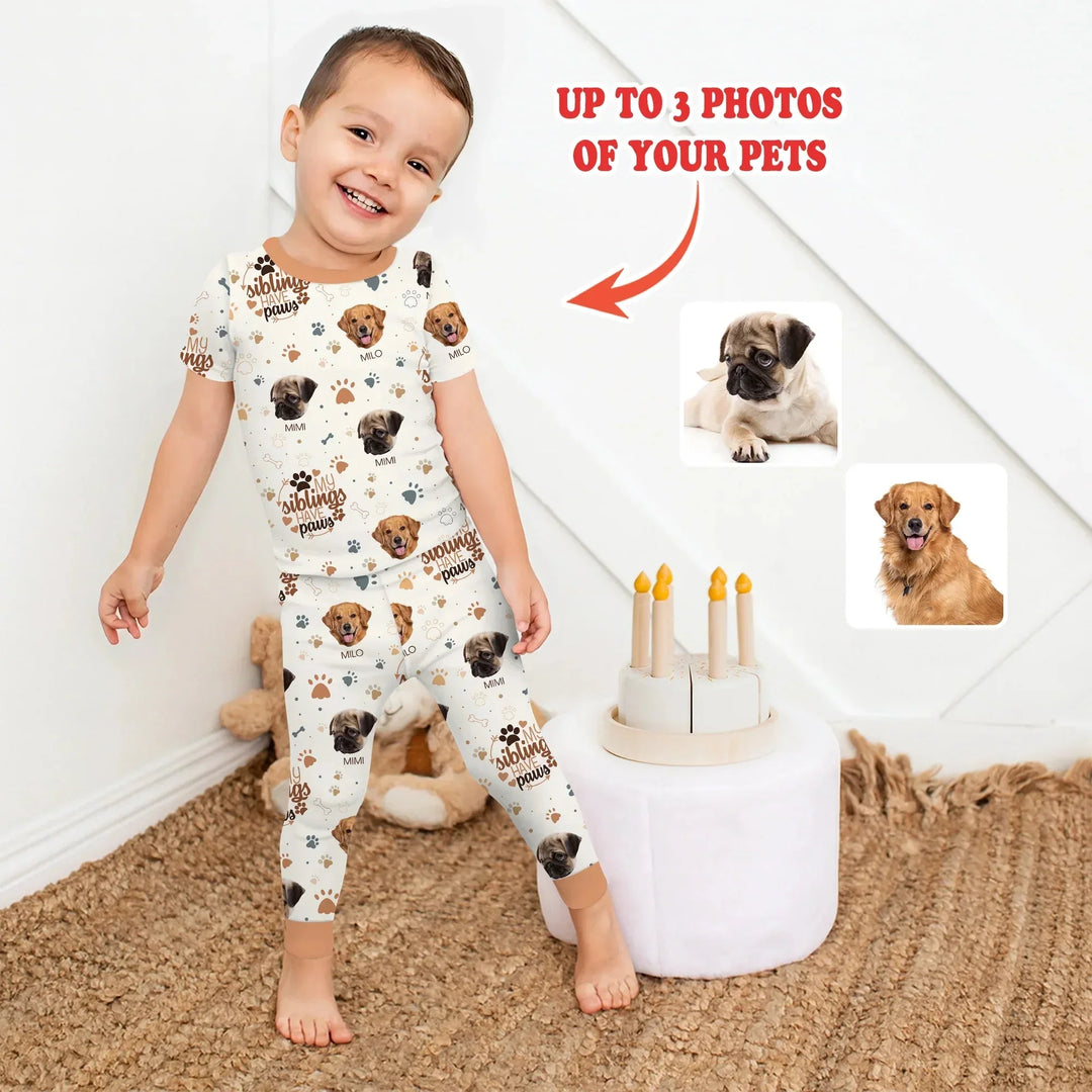 My Siblings Have Paws Upload Photo Two Piece Short Sleeve Pajama Set , My Siblings Have Paws Upload Photo Two Piece Short Sleeve Pajama Set - 12-18M