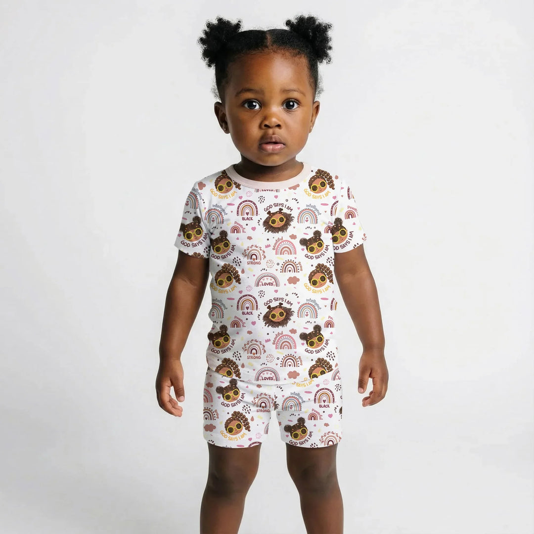 Afro African American Girl Bamboo Two Piece Short Sleeve Shorts Pajama Set