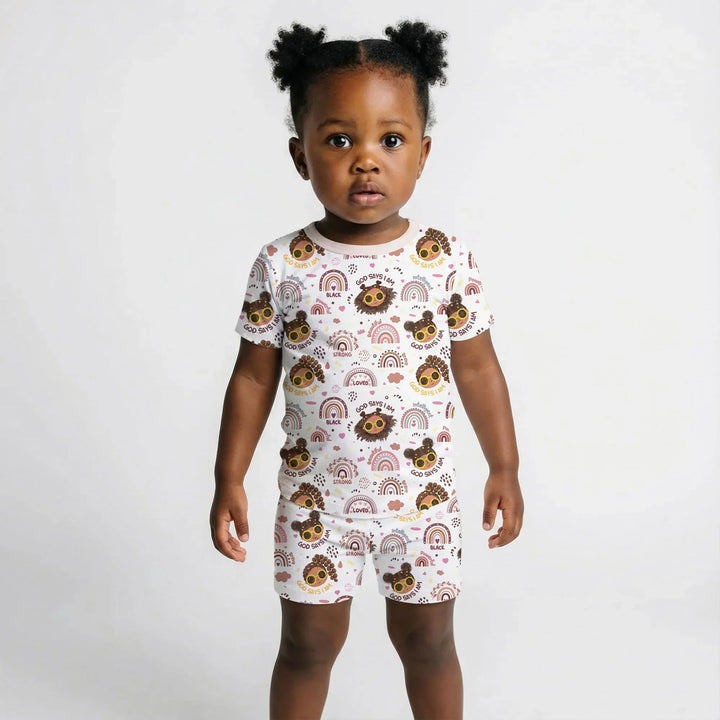 Afro African American Girl Bamboo Two Piece Short Sleeve Shorts Pajama Set