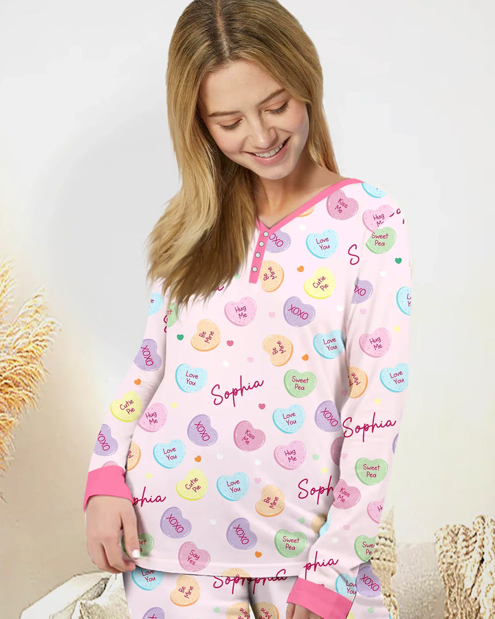 Custom Name Colorful Candy Hearts Family Matching Bamboo Women Pajama Set