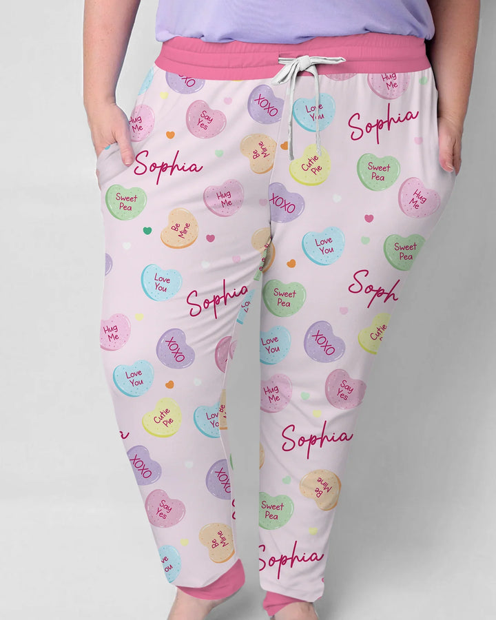 Custom Name Colorful Candy Hearts Family Matching Bamboo Women Pajama Set