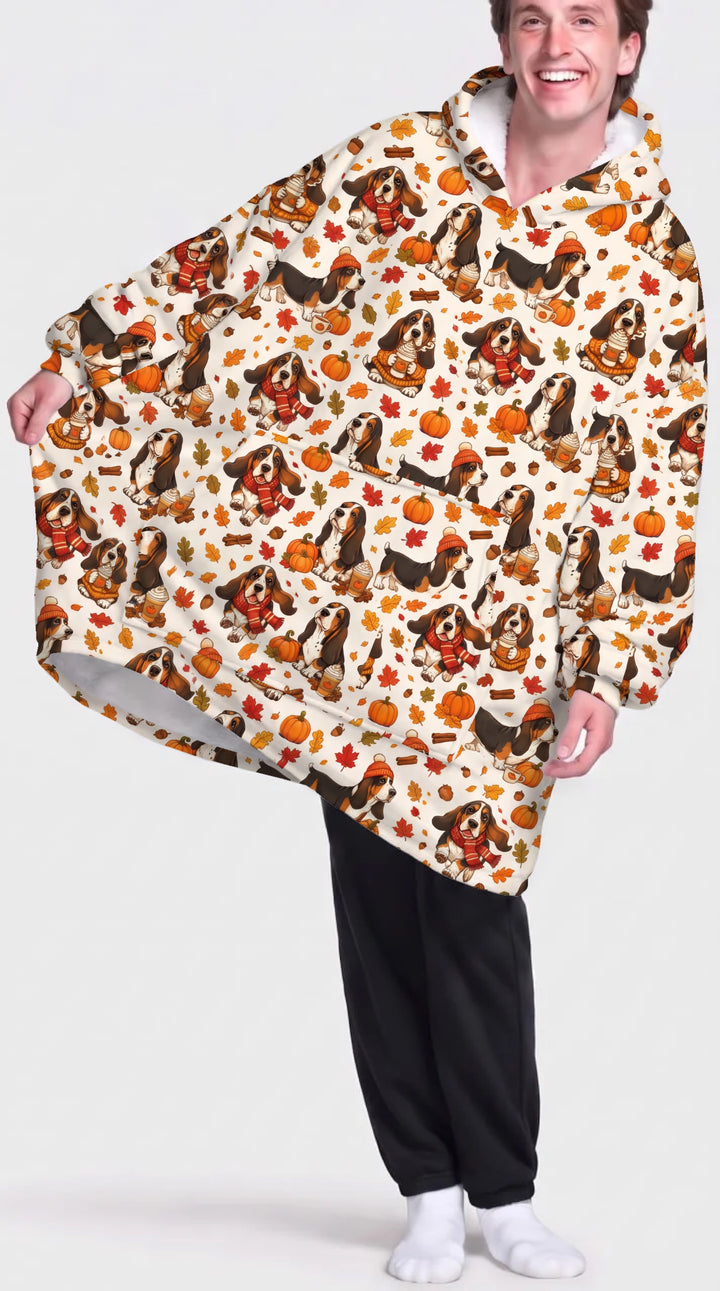 Cozy Autumn Basset Hounds Bamboo Blanket Hoodie