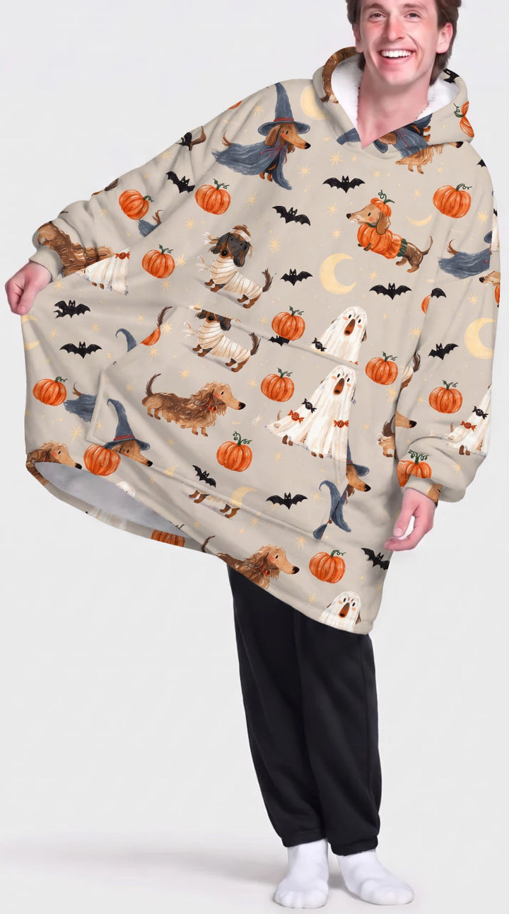 Spooky Dachshund Halloween Night Bamboo Blanket Hoodie