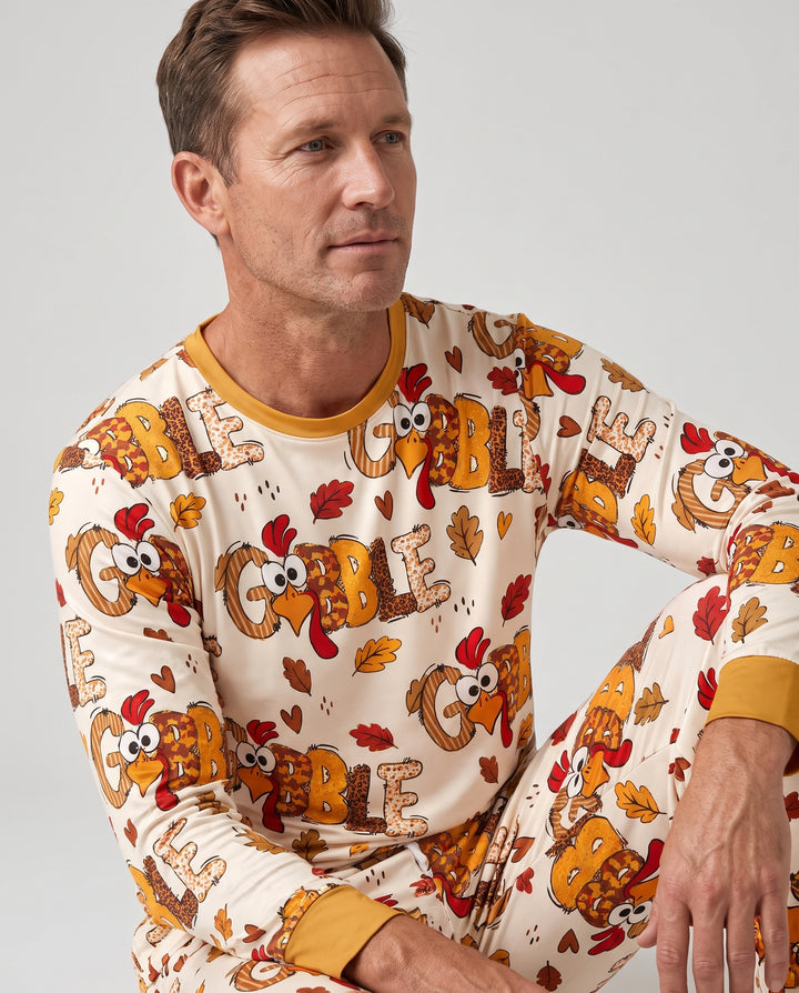 Gobble Turkey Fall Leaves Bamboo Men's Pajama Set