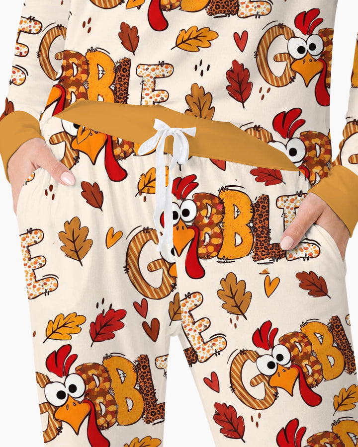 Gobble Turkey Fall Leaves Bamboo Women Pajama Set