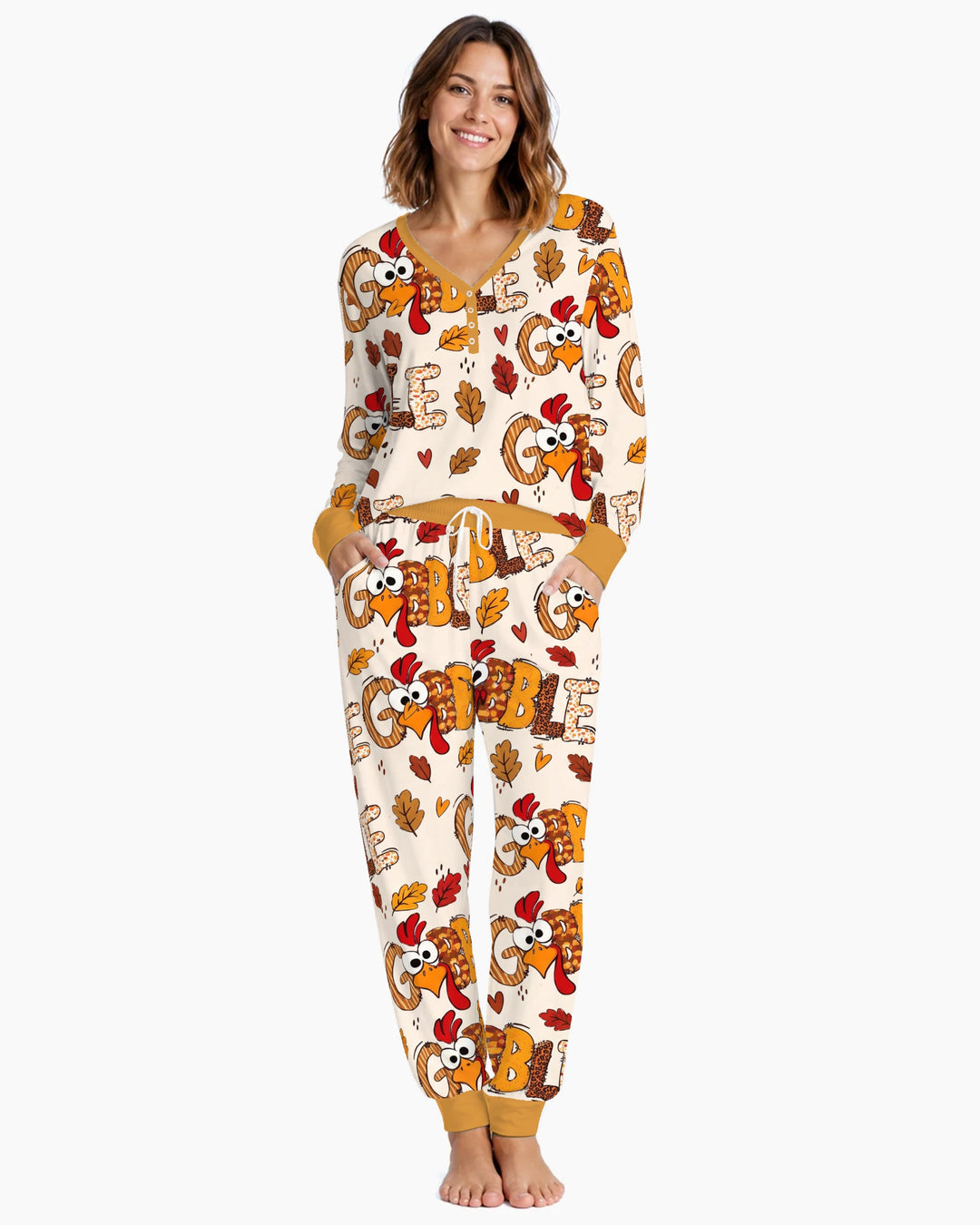 Gobble Turkey Fall Leaves Bamboo Women Pajama Set