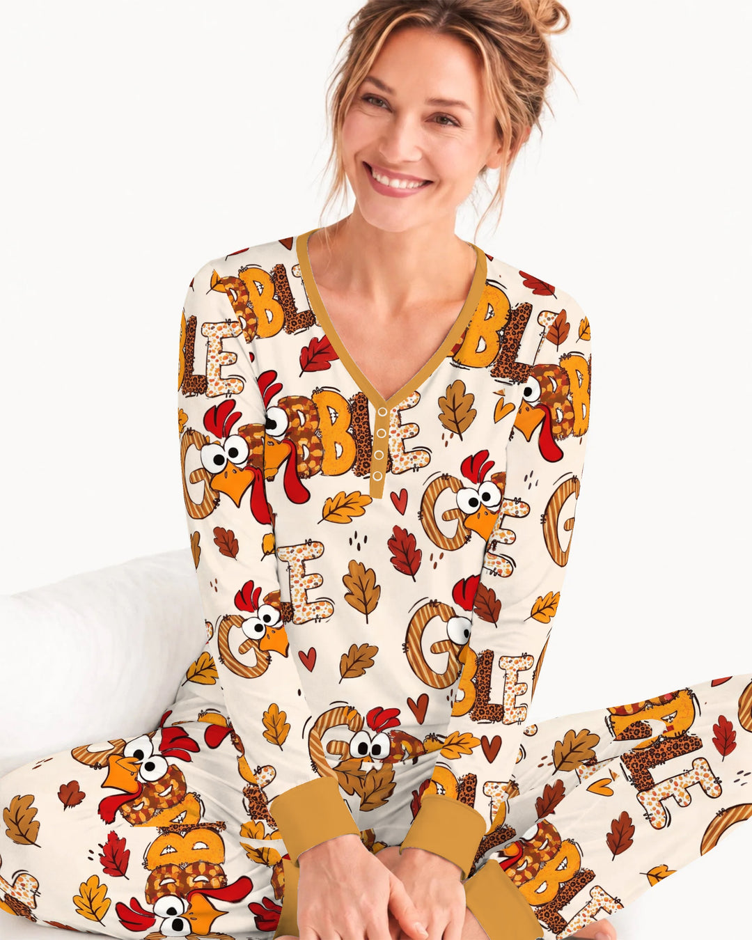 Gobble Turkey Fall Leaves Bamboo Women Pajama Set