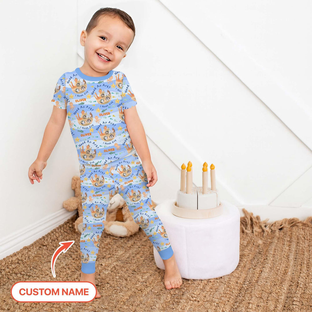 Noah’s Ark Custom Name Boy Two Piece Short Sleeve Pajama Set , Noah’s Ark Custom Name Boy Two Piece Short Sleeve Pajama Set - 12-18M