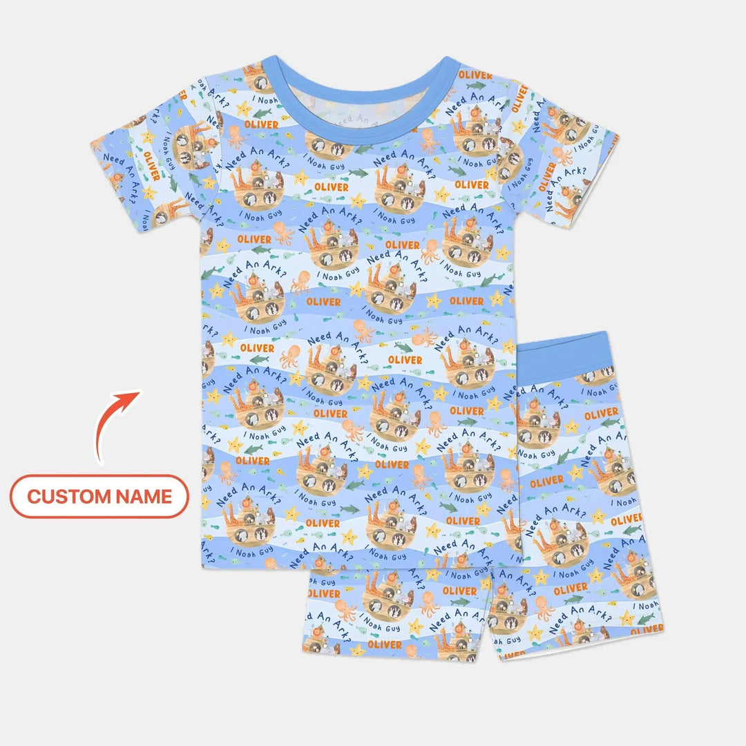 Noah’s Ark Custom Name Boy Two Piece Short Sleeve Shorts Pajama Set , Noah’s Ark Custom Name Boy Two Piece Short Sleeve Shorts Pajama Set - 12-18M