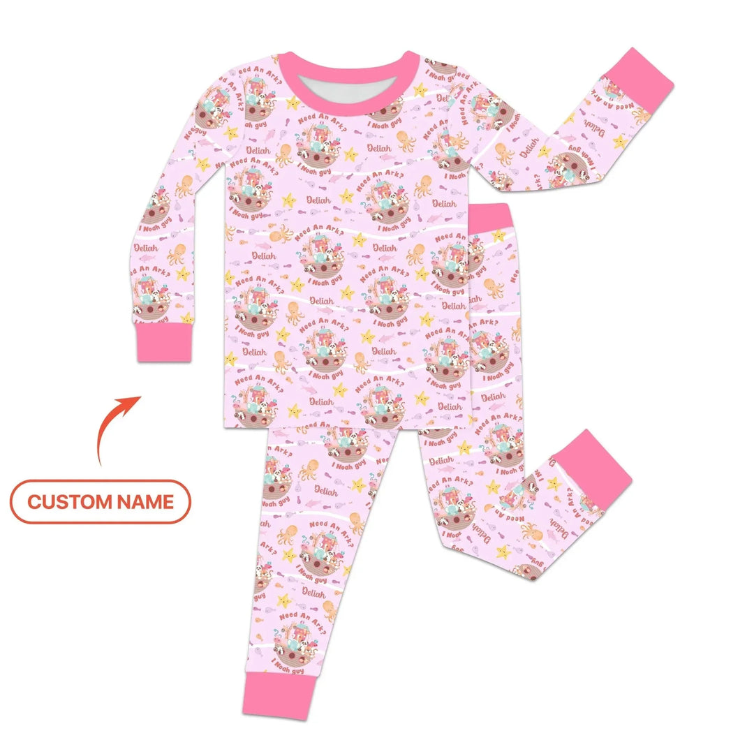 Noah’s Ark Custom Name Girl Two Piece Long Sleeve Pajama Set , Noah’s Ark Custom Name Girl Two Piece Long Sleeve Pajama Set - 12-18M