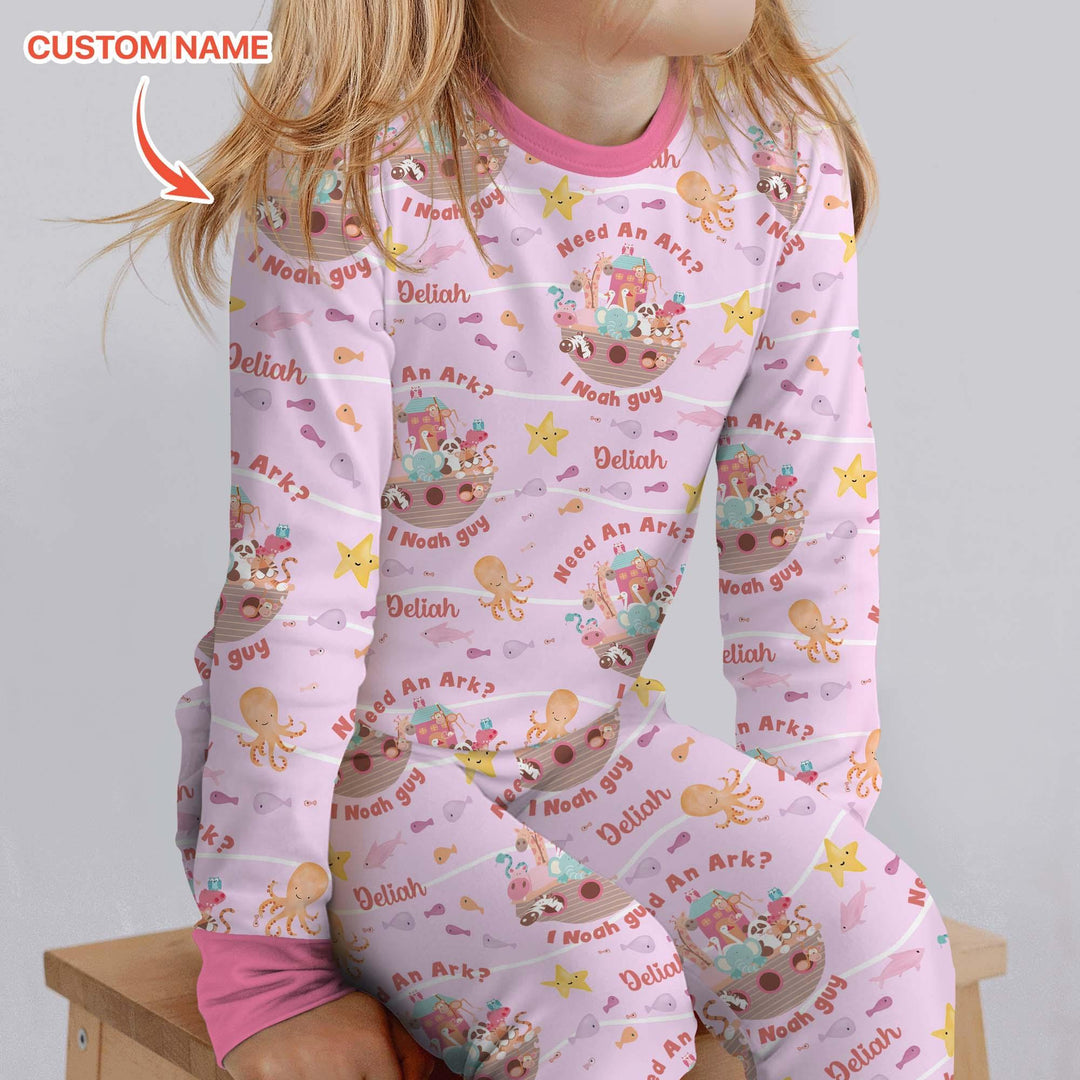 Noah’s Ark Custom Name Girl Two Piece Long Sleeve Pajama Set , Noah’s Ark Custom Name Girl Two Piece Long Sleeve Pajama Set - 12-18M