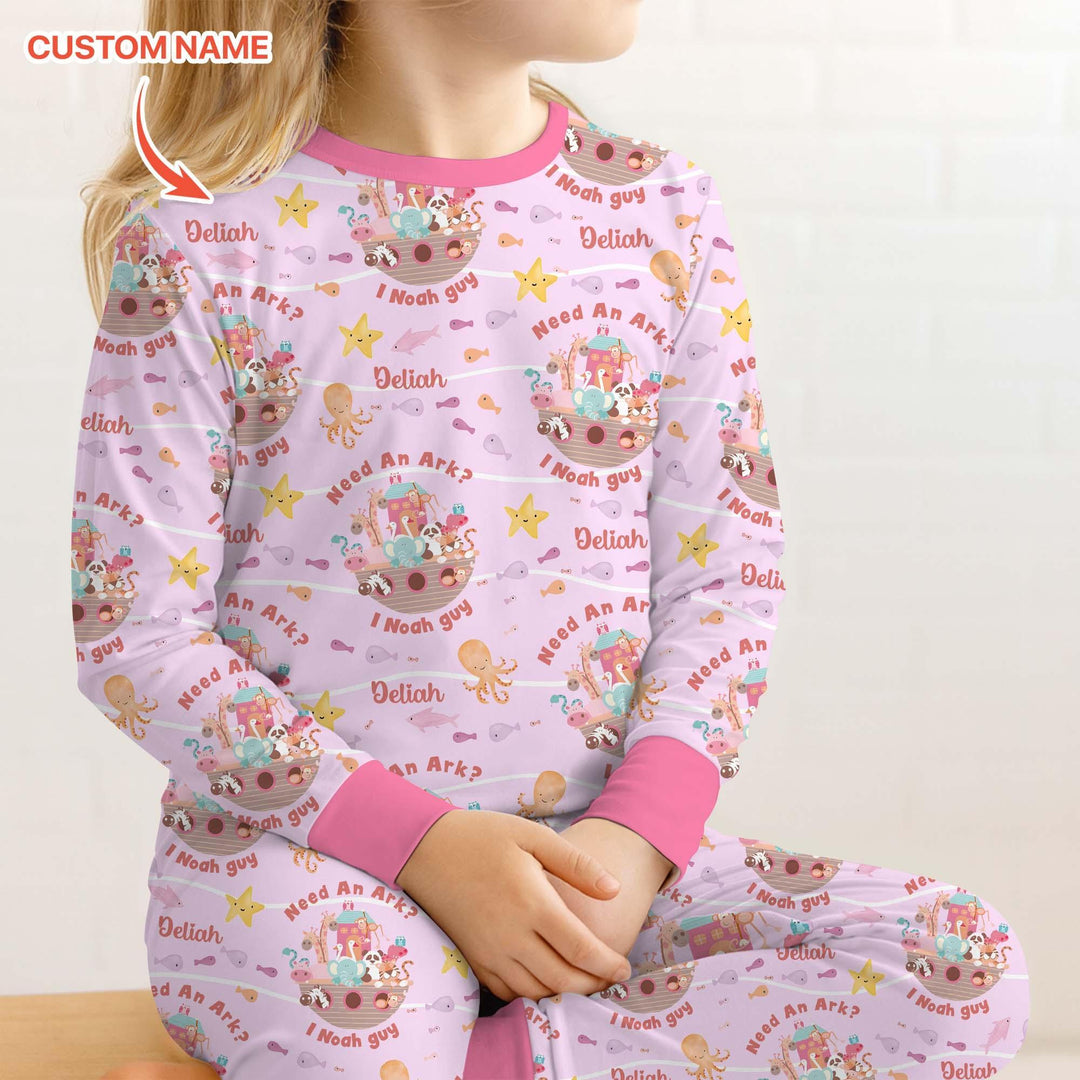 Noah’s Ark Custom Name Girl Two Piece Long Sleeve Pajama Set , Noah’s Ark Custom Name Girl Two Piece Long Sleeve Pajama Set - 12-18M