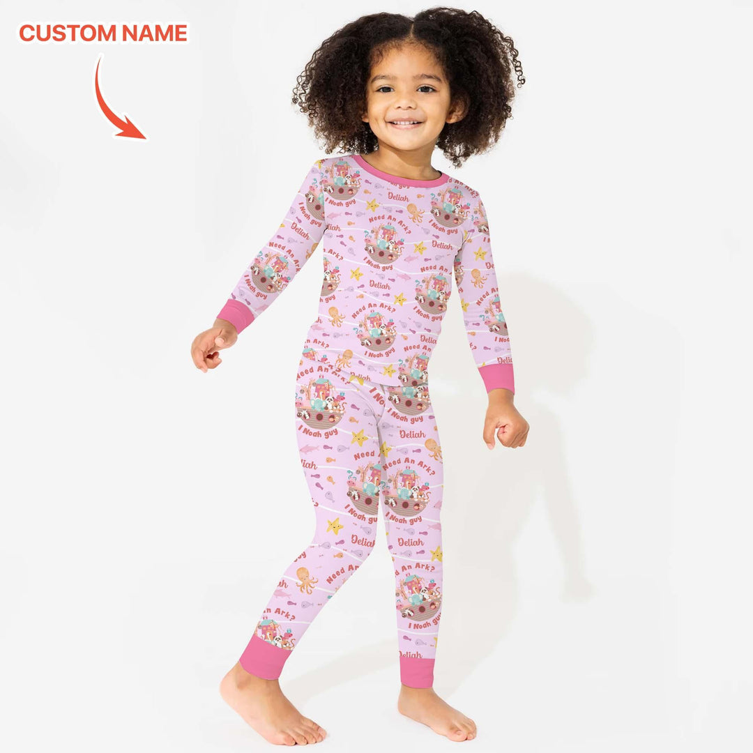 Noah’s Ark Custom Name Girl Two Piece Long Sleeve Pajama Set , Noah’s Ark Custom Name Girl Two Piece Long Sleeve Pajama Set - 12-18M