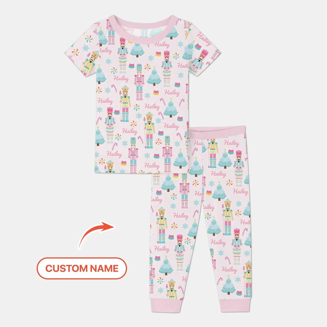 Nutcracker Parade Custom Name Girl Two Piece Short Sleeve Pajama Set , Nutcracker Parade Custom Name Girl Two Piece Short Sleeve Pajama Set - 12-18M