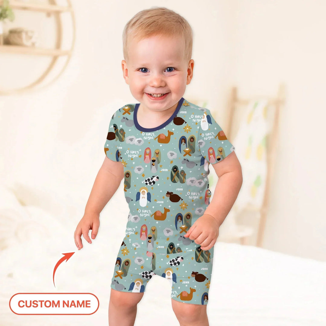 O Holy Night Custom Name Two Piece Short Sleeve Shorts Pajama Set , O Holy Night Custom Name Two Piece Short Sleeve Shorts Pajama Set - 12-18M