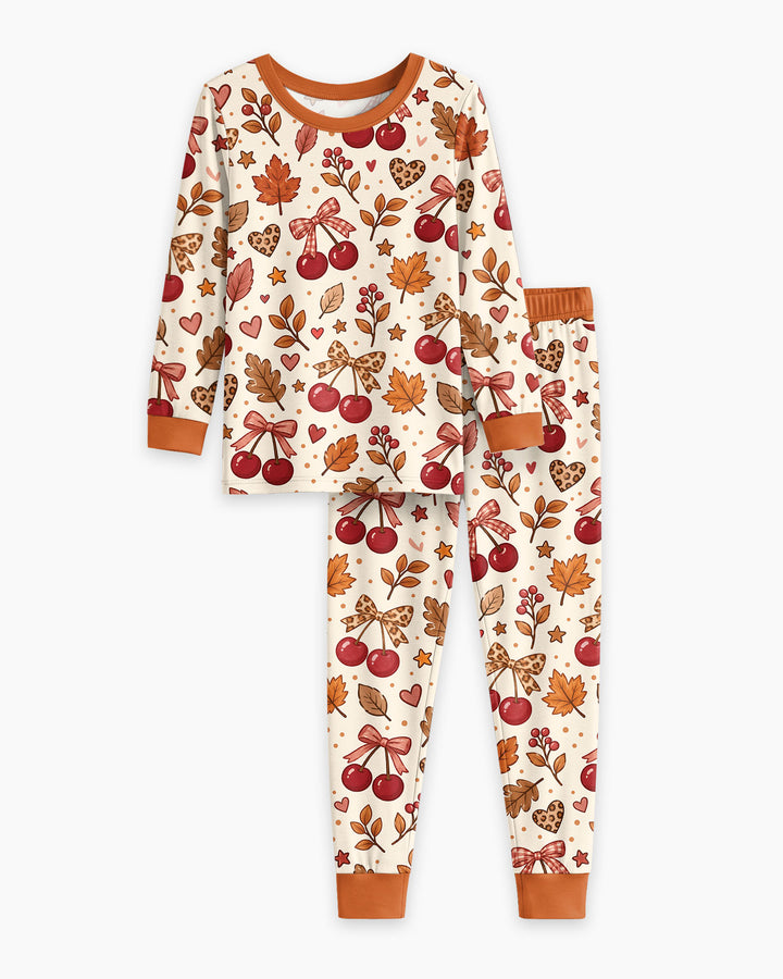 Coquette Bow Cherry Fall Leopard Bamboo Two Piece Long Sleeve Pajama Set