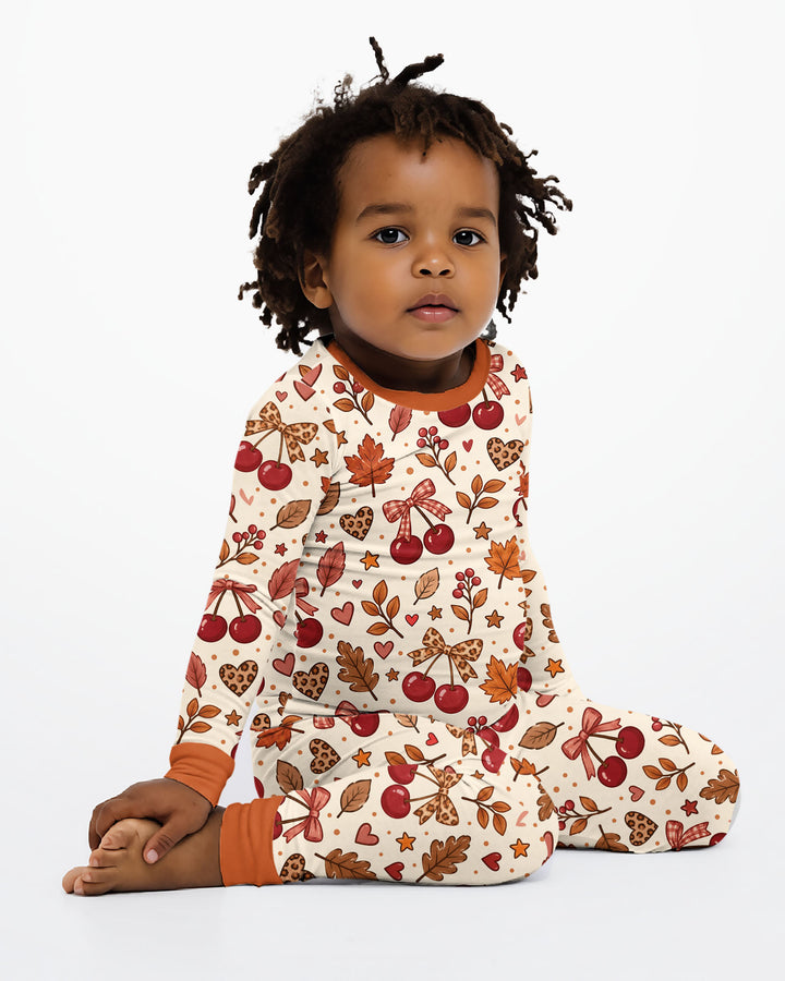 Coquette Bow Cherry Fall Leopard Bamboo Two Piece Long Sleeve Pajama Set