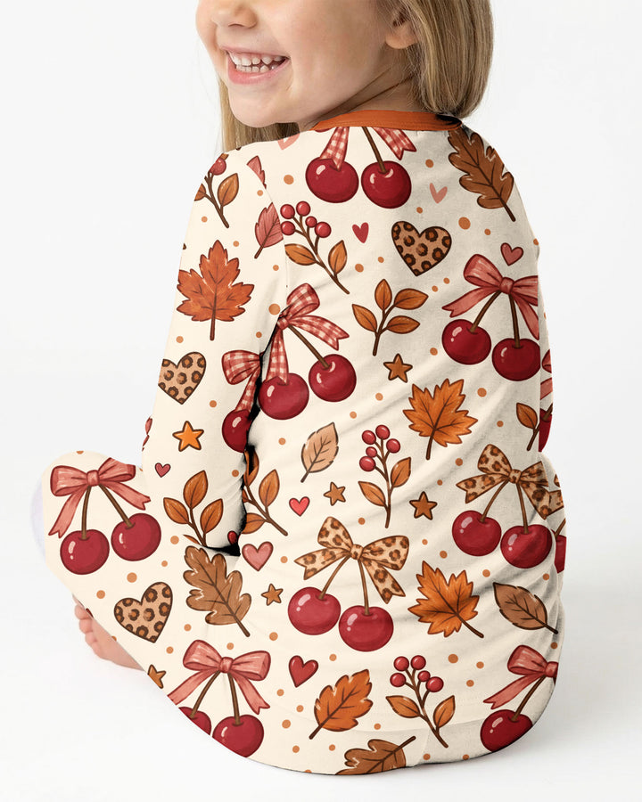 Coquette Bow Cherry Fall Leopard Bamboo Two Piece Long Sleeve Pajama Set