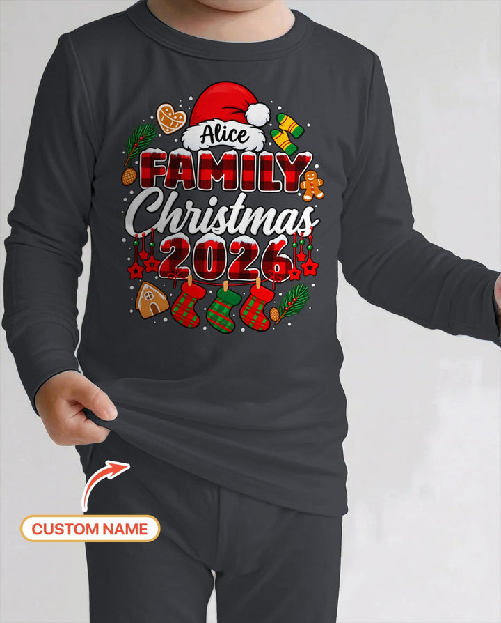 Custom Name Family Christmas 2026 Buffalo Plaid Bamboo Two Piece Long Sleeve Pajama Set