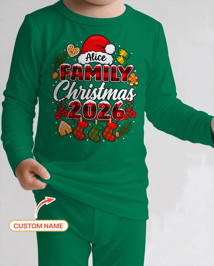 Custom Name Family Christmas 2026 Buffalo Plaid Bamboo Two Piece Long Sleeve Pajama Set