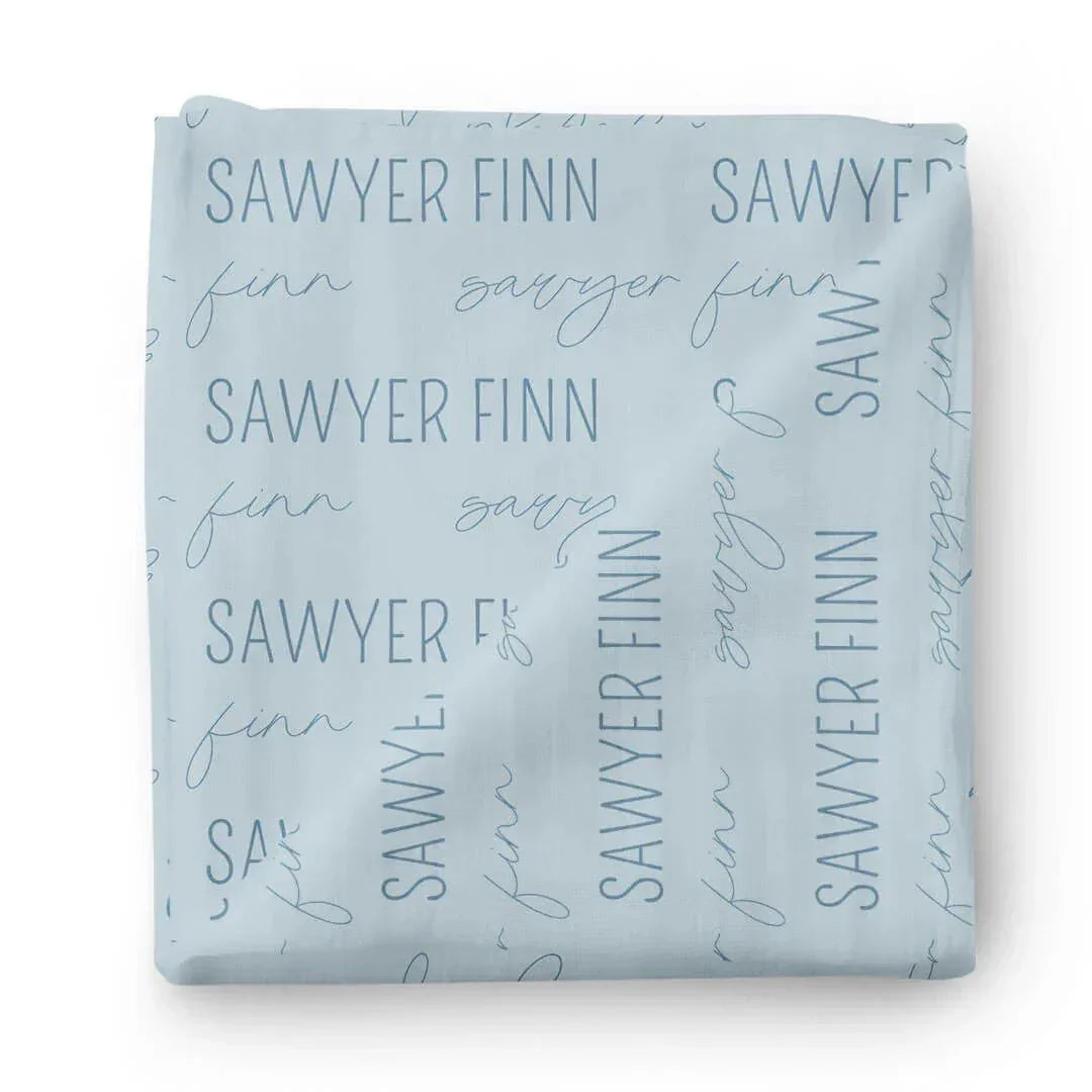 Personalized Baby Name Swaddle Blanket Block & Script , Personalized Baby Name Swaddle Blanket Block & Script - Script / Light Dusty Blue