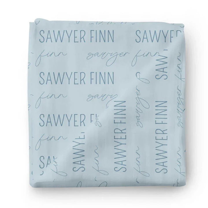 Personalized Baby Name Swaddle Blanket Block & Script , Personalized Baby Name Swaddle Blanket Block & Script - Script / Light Dusty Blue