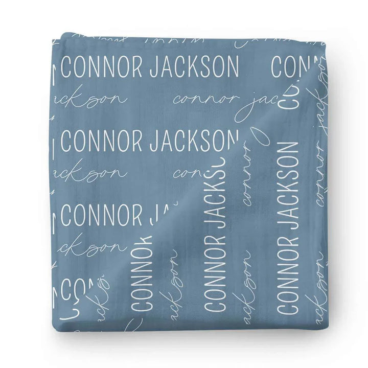 Personalized Baby Name Swaddle Blanket Block & Script , Personalized Baby Name Swaddle Blanket Block & Script - Script / Dusty Blue