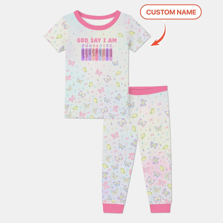 Personalized Butterfly Blessings God Says I Am Two Piece Short Sleeve Pajama Set , Personalized Butterfly Blessings God Says I Am Two Piece Short Sleeve Pajama Set - 12-18M