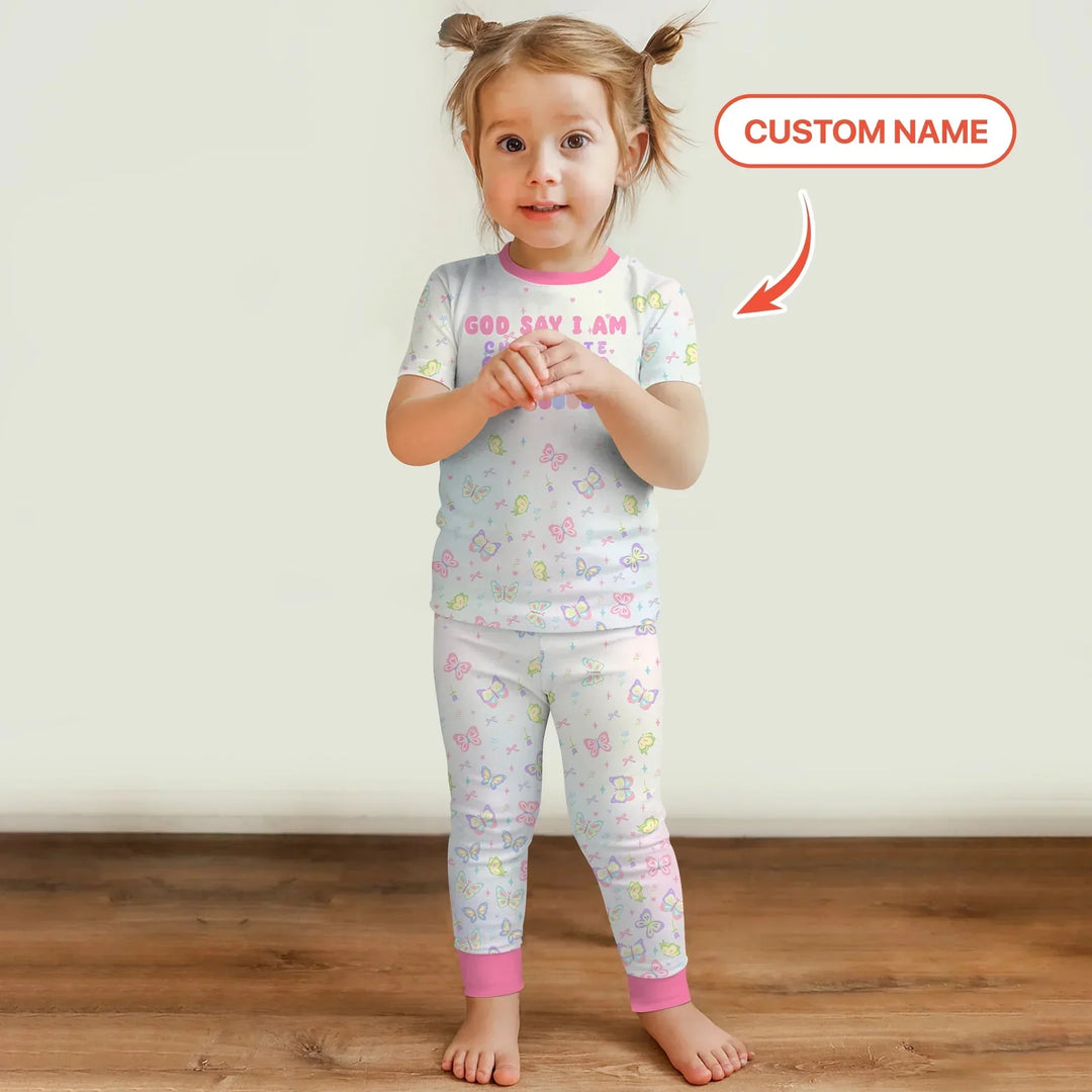 Personalized Butterfly Blessings God Says I Am Two Piece Short Sleeve Pajama Set , Personalized Butterfly Blessings God Says I Am Two Piece Short Sleeve Pajama Set - 12-18M